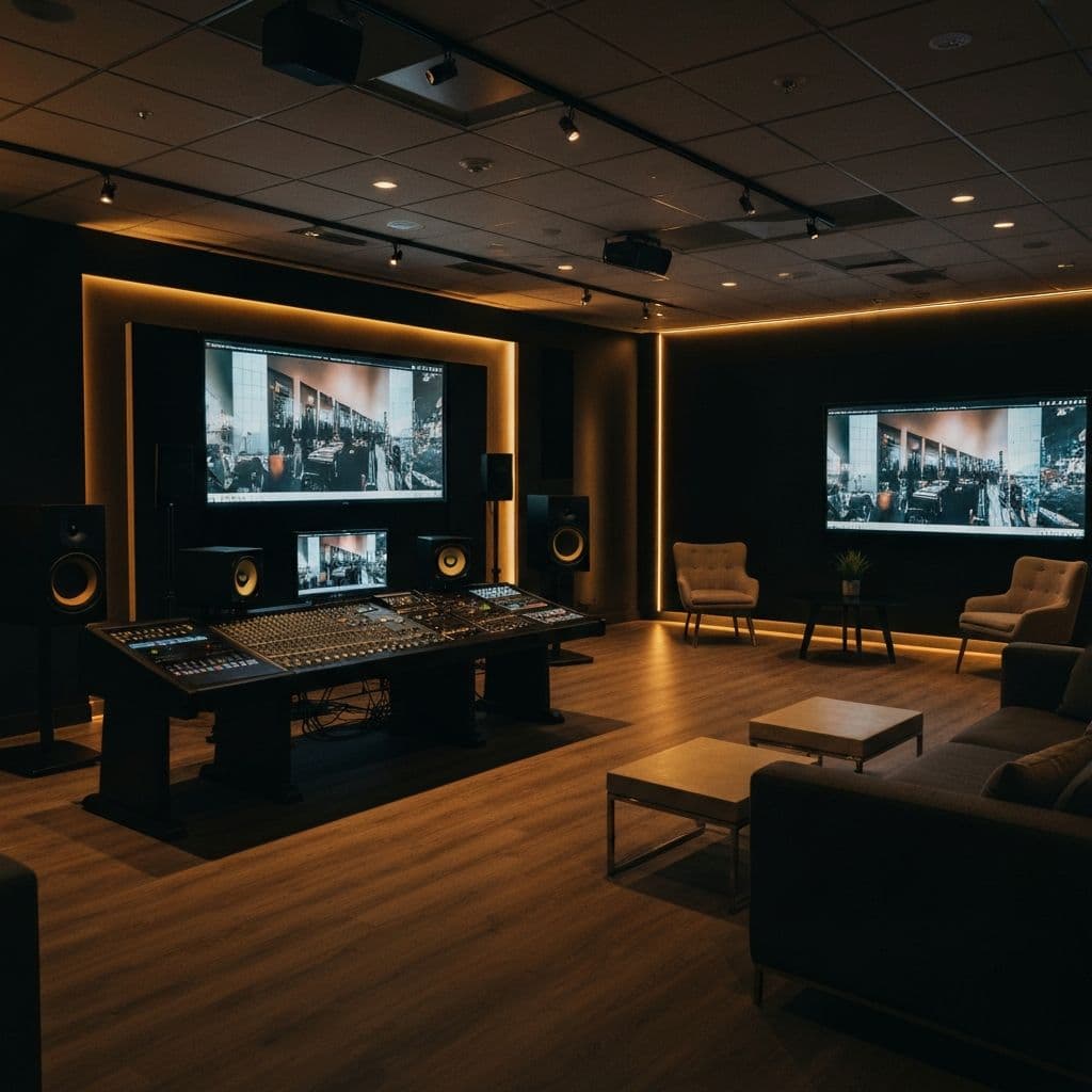 Premium entertainment production studio with professional audio equipment and golden ambient lighting